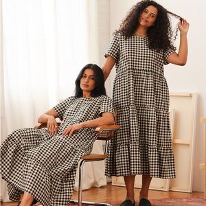 CHALET TIERED DRESS LINEN BLACK GINGHAM